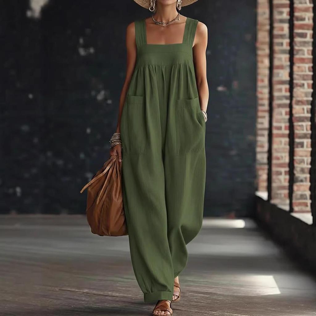 2026 European Spring/Summer Casual Women's Jumpsuit with Pockets - Comfortable, Loose, Solid Color & Strappy Design