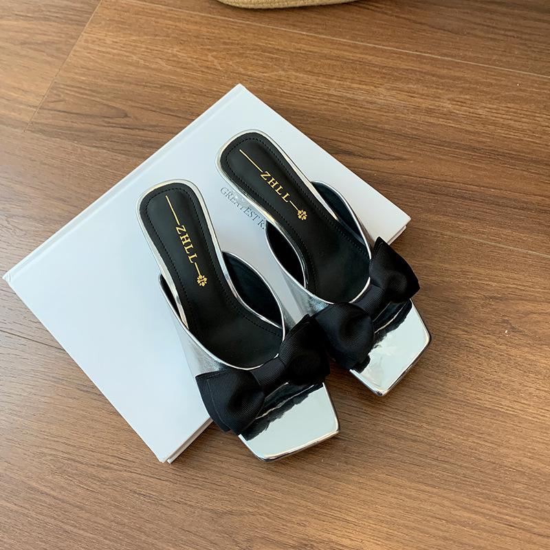 

Premium sandals New bow thick heel sandals Half drag fat widened large size women s shoes 45
