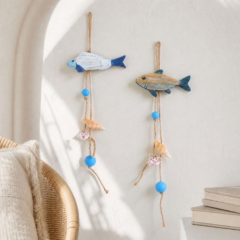 Wood Fish Wall Hanging Decors for Entryway, Bedroom, or Living Room, Ocean Theme Piece with Rope and Color Detail Trim