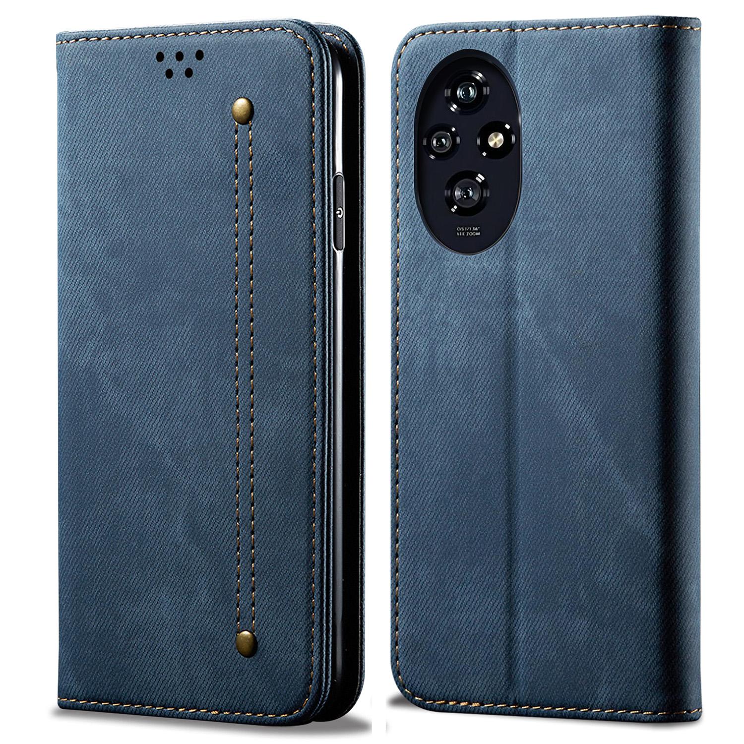 

Чехол-кошелек из кожи для Honor 200 5G, Текстура джинсовой ткани, Защита от отпечатков пальцев Blue