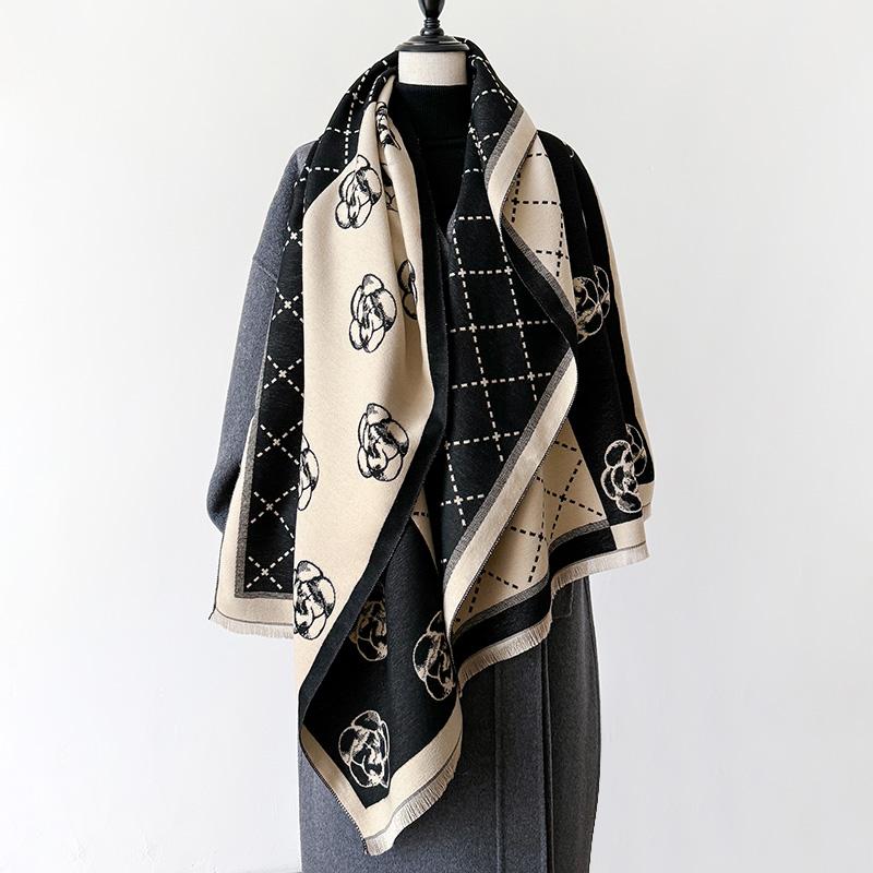 

Luxury Winter Camellia Two-Sided Cashmere Jacquard Scarves High Quality Women Thicken Wrap Shawl Ladies Wool Pashmina Scarf