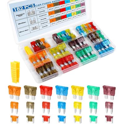 182-teiliges Auto-Sicherungen-Sortiment-Kit, Professionelle Flachsicherungen Automobil - Standard & Mini & Niedrigprofil-Mini-Sicherung (5A/7,5A/10A/15A/20A/30A/40A)