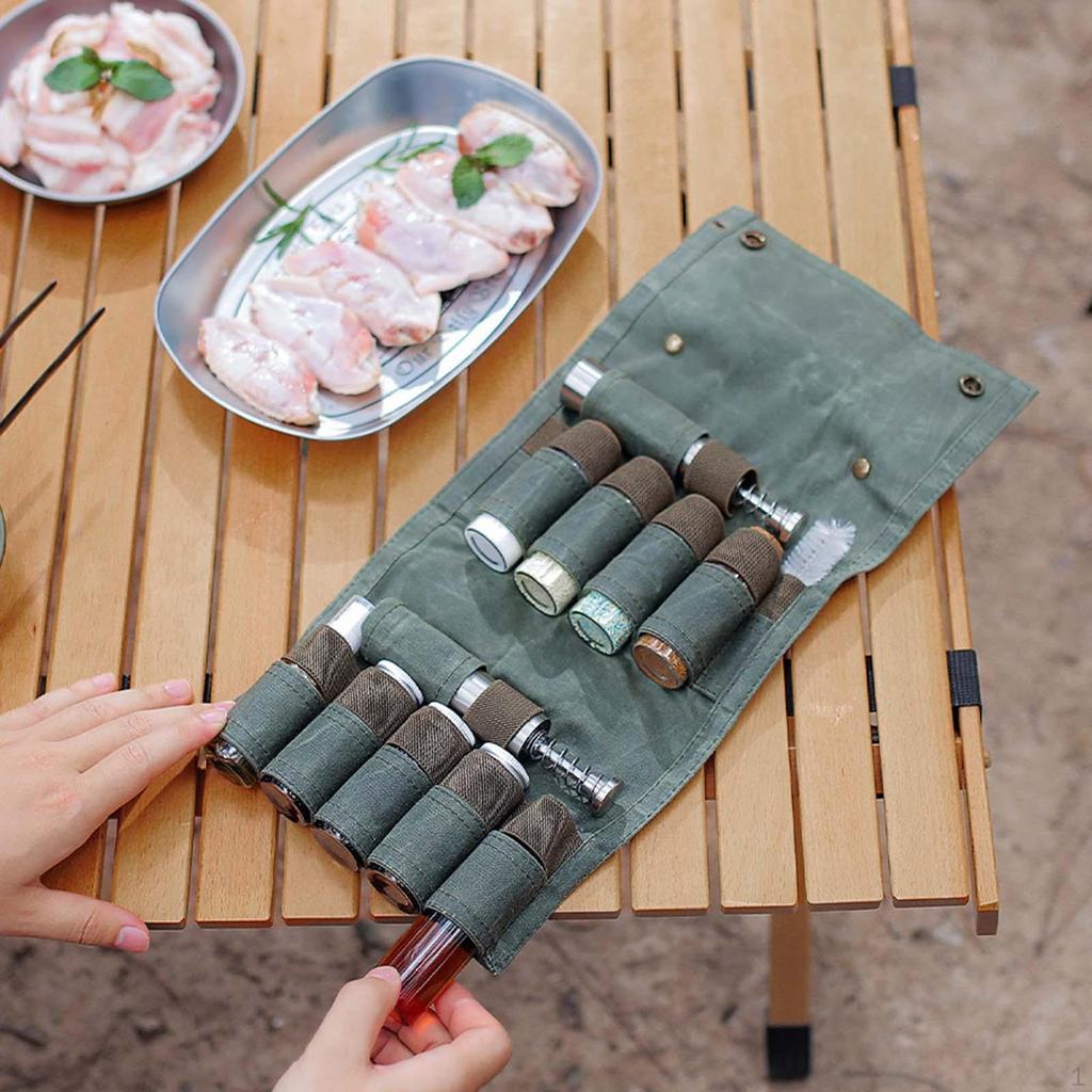 12 Piece Camping Condiment Storage Set Bottle Holder with Canvas Bag Roll