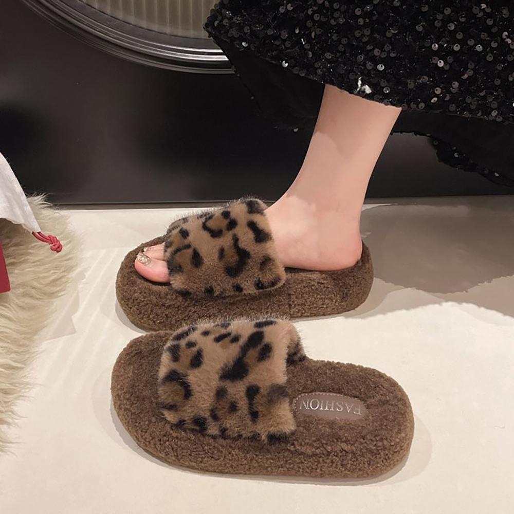 Leopard Print Platform New Autumn And Winter Fashion Home Furry Cotton Slippers