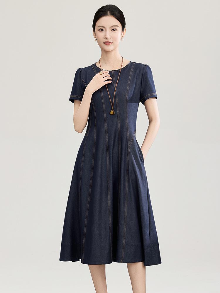 Nanyou Tencel Cotton Retro Waist-Cinched Denim Dress - Breathable, Slimming, Short-Sleeved for Spring/Summer