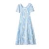 French Blue Embroidered Floral Dress Women Summer Vintage Waist Tie Floral Dress