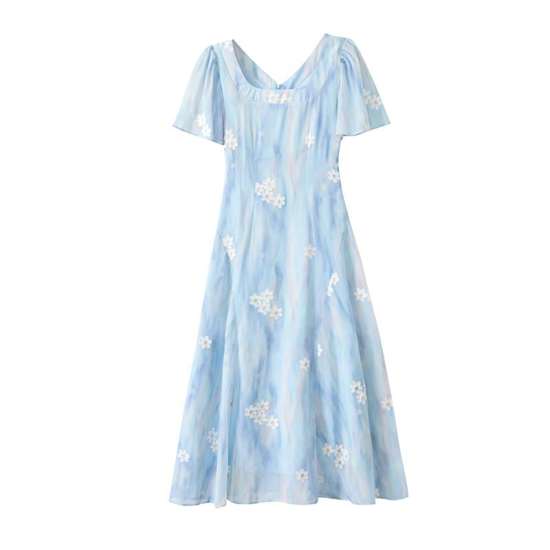 French Blue Embroidered Floral Dress Women Summer Vintage Waist Tie Floral Dress