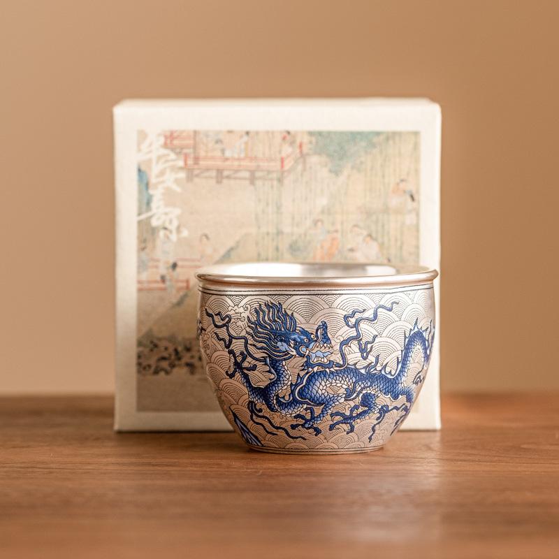 Gilded Silver Blue White Porcelain Dragon Tea Cup Feng Shui Master Cup Handmade Ceramic Gongfu Tea Tasting Cup for Home Decor