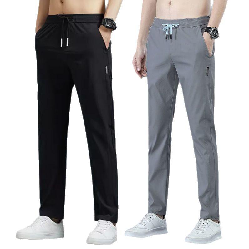 מכנסי ספורט לגברים מבד משי קרח לייבוש מהיר - קיץ דקים, רפויים, רגליים ישרות, מכנסיים ארוכים קז'ואליים נאים