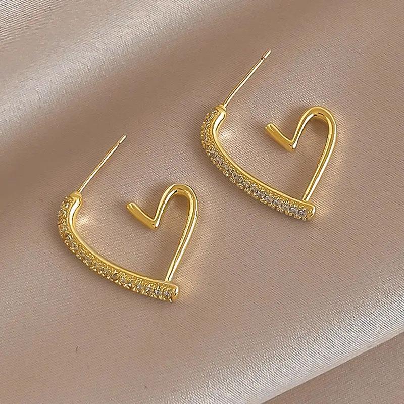 Luxury Crystal Love Heart Open Earrings for Women Simple Design  Sterling Silver Stud Earrings Stylish Minimalist