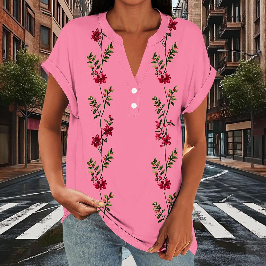 Women Casual Loose Fit Short Sleeve V Neck Button Floral Print Top Lightweight Summer Blouse
