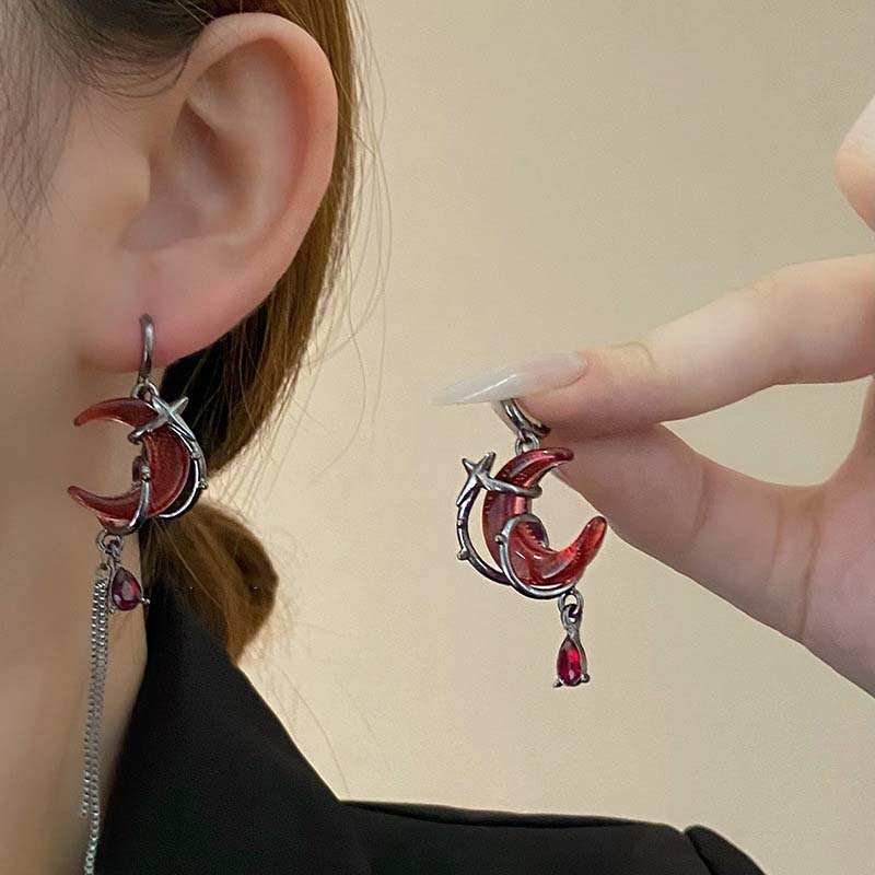 Red Crescent Asymmetrical Tassel Earrings, Niche Personality High-End Sweet And Cool Style Ear Accessories