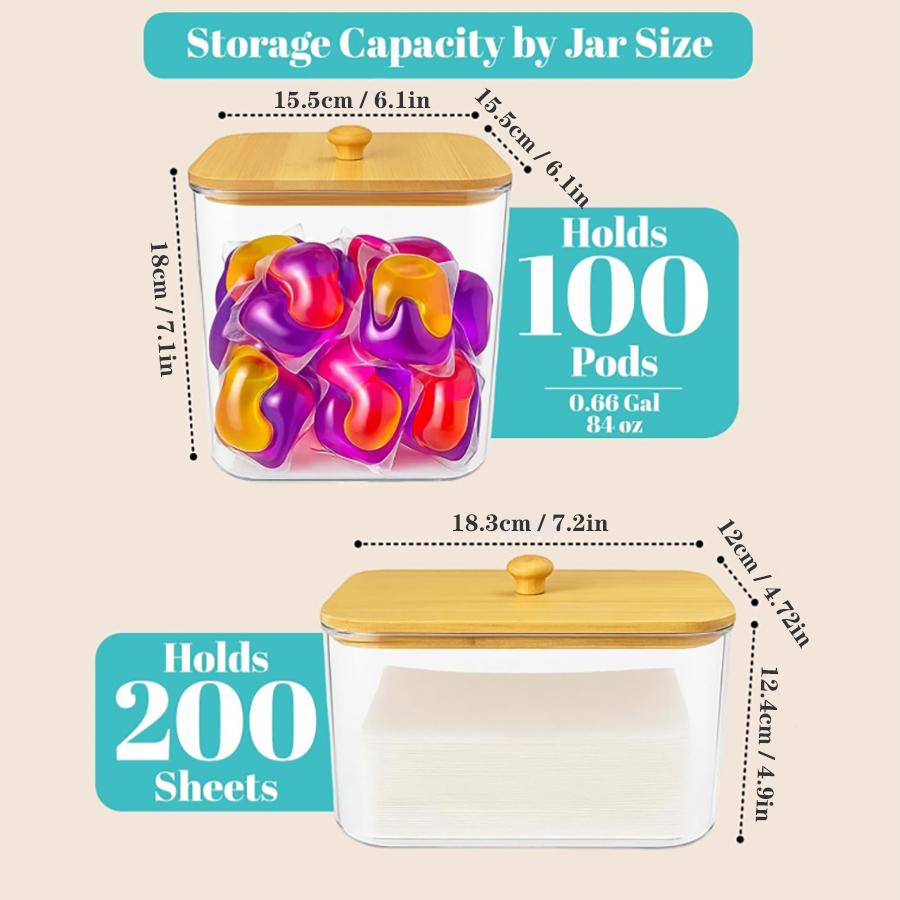 Laundry Pods Container and Dryer Sheet Holder Set, Clear Laundry Room Organization Containers with Bamboo Lids, Scoops for Pods