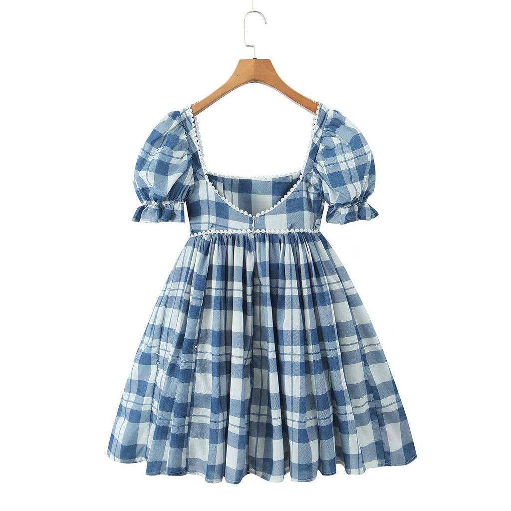 French Summer Plaid Puff Dress with Bow Tie and Short Sleeves