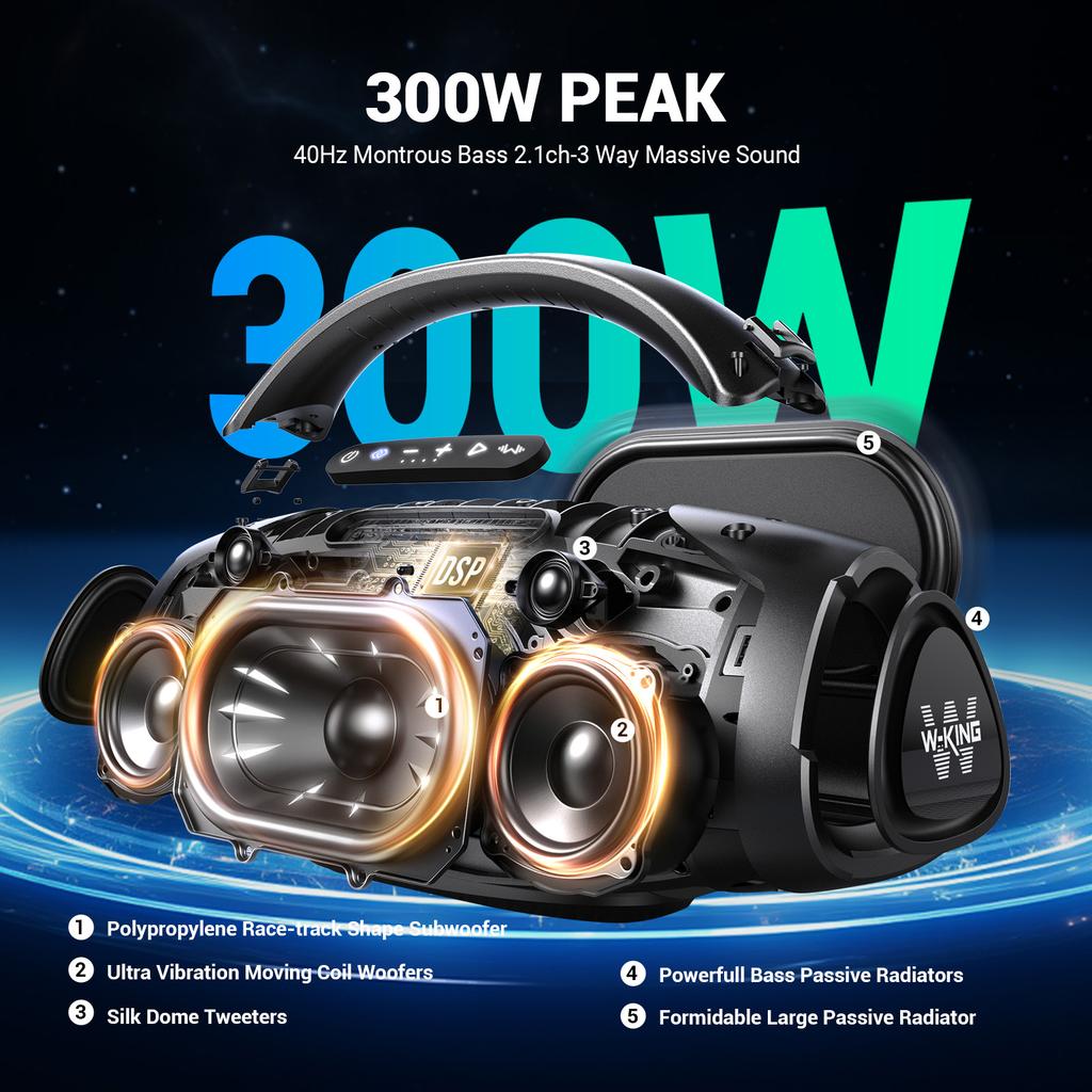 W-KING X20 200W RMS Portable Bluetooth Speakers Massive Bass Party Boombox IPX7 Waterproof Speaker Large Loud Outdoor Speaker