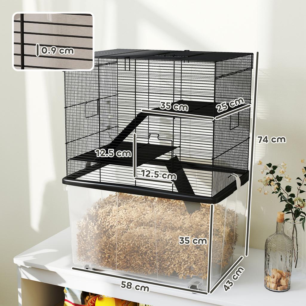 Gabbia per criceti a 3 piani con ruote, 2 piattaforme, rampe, ciotola e beverino, 58x43x74 cm, Nera