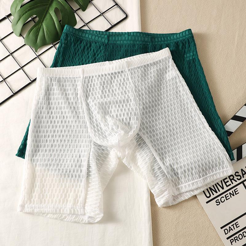 Ultra Sheer Boxer Trunks Lengthen Underwear Men Sexy Bulge Pouch Underpants Cooling Shorts Summer Knickers Gym Sport Panties