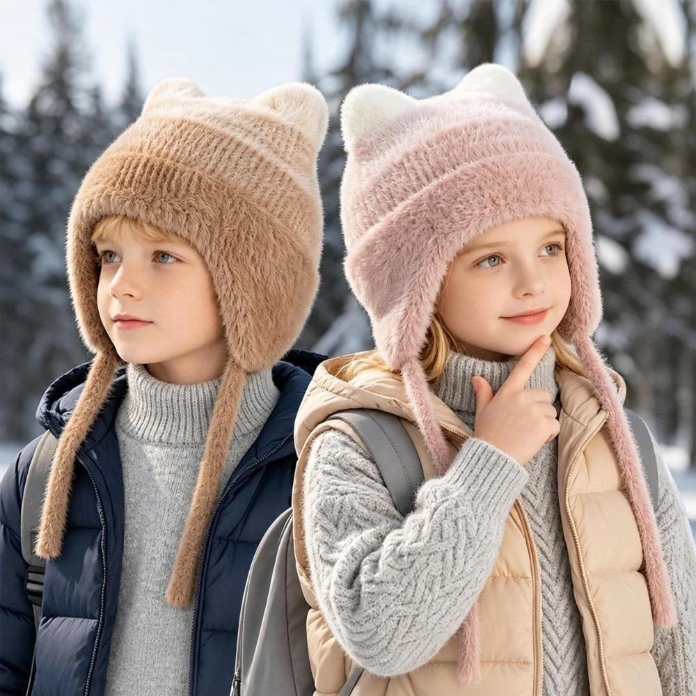 Keep Warm Children Knitted Hat Cute Cat Ear Beanie Hat Cute Plush Warm Hat  Boy Girl