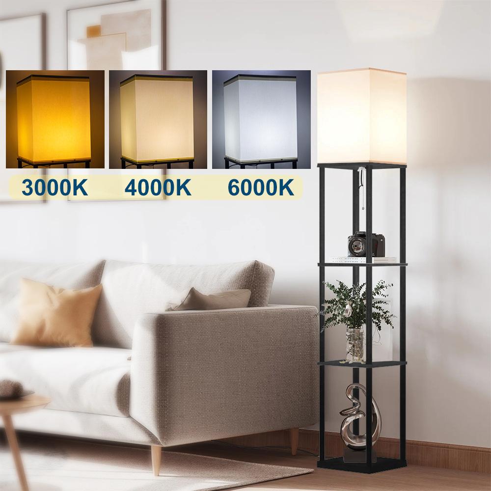 

Square Cloth Lampshade Floor Lamp Storage Rack Bookshelf Lamp with 9W Three-Color Light Bulb,EU Plug A