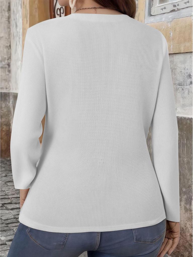 2025 Autumn Plus Size V-Neck Button Waffle Knit Women's T-Shirt