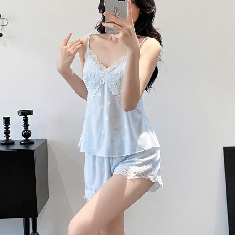 Ice and snow silk Internet celebrity sexy women summer thin suspender shorts spring and autumn pajamas lace nightgown simulation silk homewear