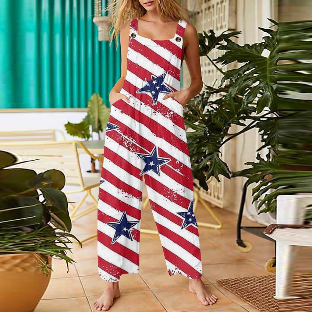 Women Loose Fit Sleeveless Overalls Star Print Casual Wide Leg Jumpsuit Adjustable Strap Pockets Lightweight Bib Pants