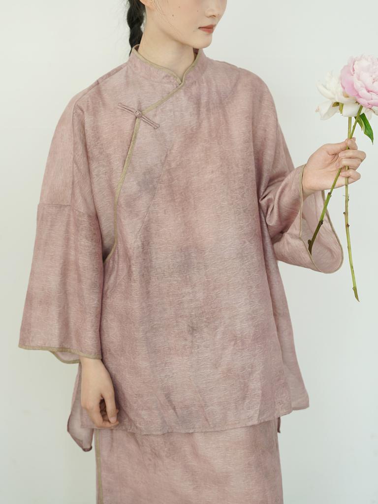 Johnature Women Chinese Style Shirts Solid Color Stand Tops Vintage Blend Summer Blouses Seven Sleeve Button Shirts