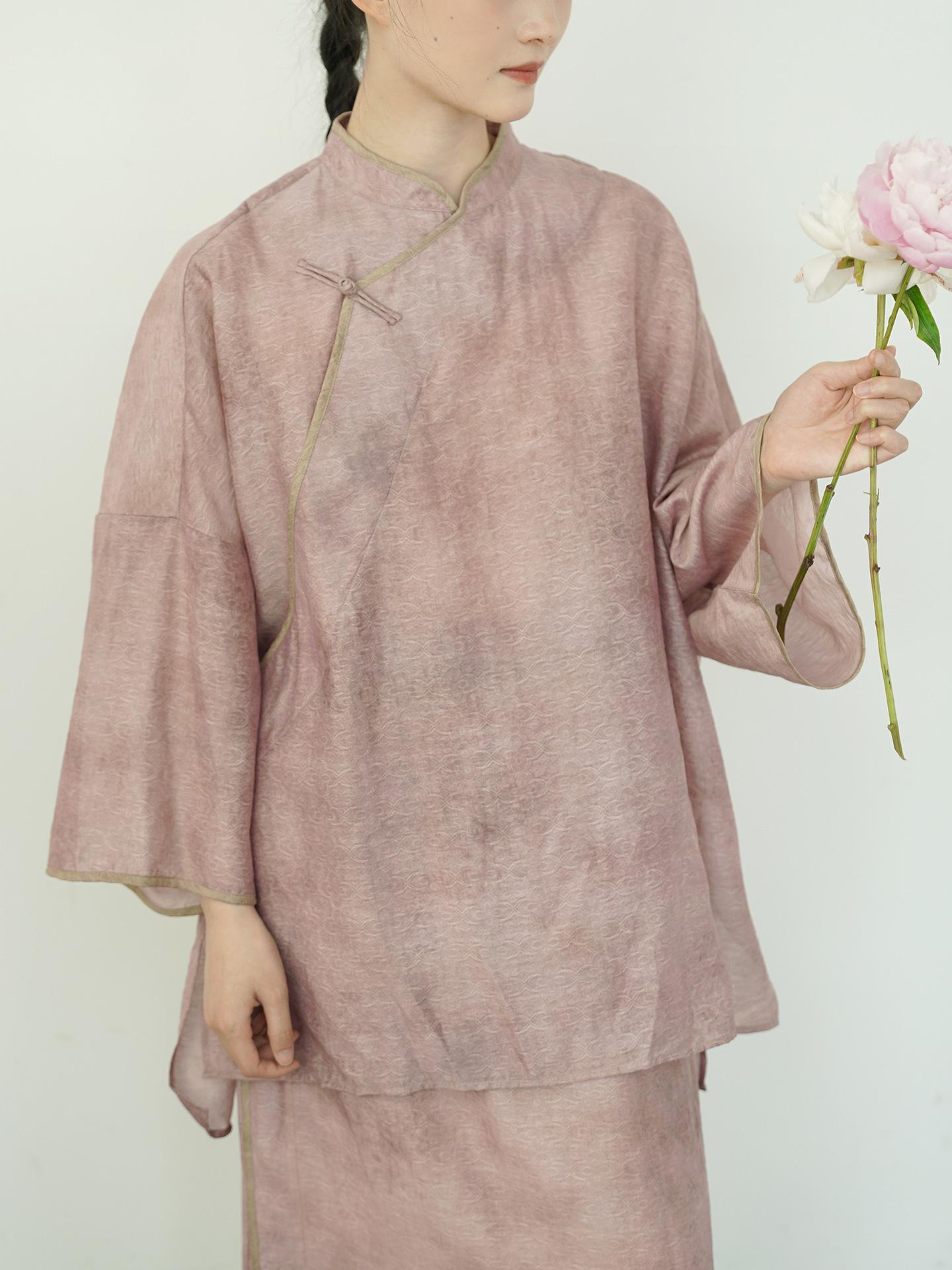 

Johnature Women Chinese Style Shirts Solid Color Stand Tops Vintage Blend Summer Blouses Seven Sleeve Button Shirts One Size