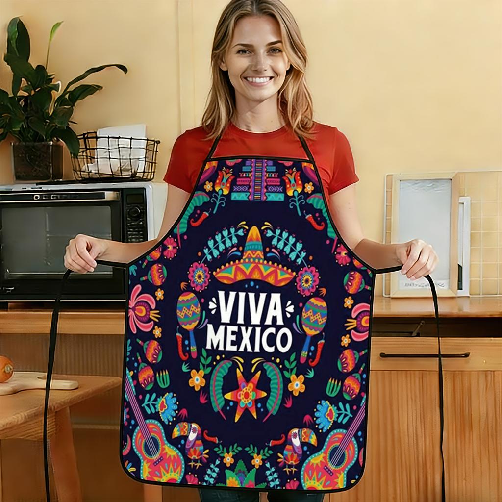 1pc 2D Flat Mexican Style Apron with Printed Pattern, Durable and Easy To Clean, Adjustable Waist Strap, Polyester Material, Unisex Cooking Apron, Per
