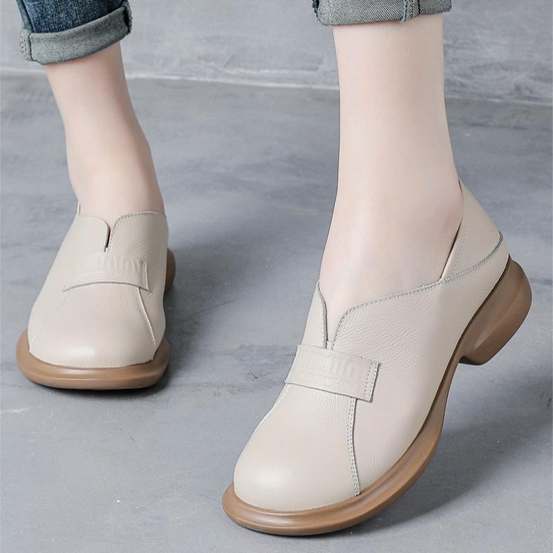 Round Head Wide Feet Women's Shoes Retro British Style Leather Shoes Thick Heel Single Shoes Genuine Leather Middle-aged Women's Shoes