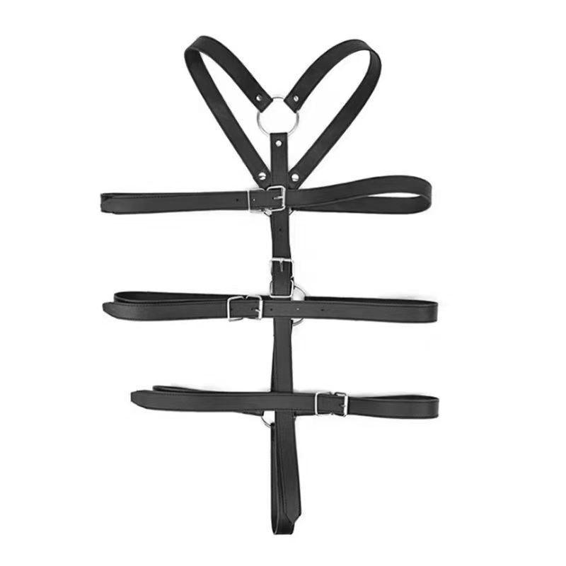 European & American Sexy Black Harness Lingerie Set with BDSM Leg Garter & Fishnet Stockings