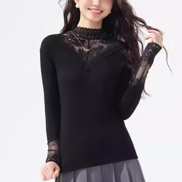 Lace top women's long-sleeved autumn and winter new large-size women's clothing semi-turtleneck mesh inner bottoming shirt