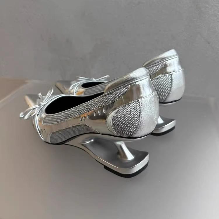 Fashion New Pointed Irregular Suspended Heel Shallow Mouth Single Shoe Butterfly Bow Mesh High Heels Temperament Imperial Style Tacones