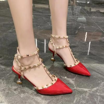 Fashion Women's Shoes Rivets Sandals Female Summer  Thick with Fine with High-heeled Shoes Pointed Stiletto Sexy