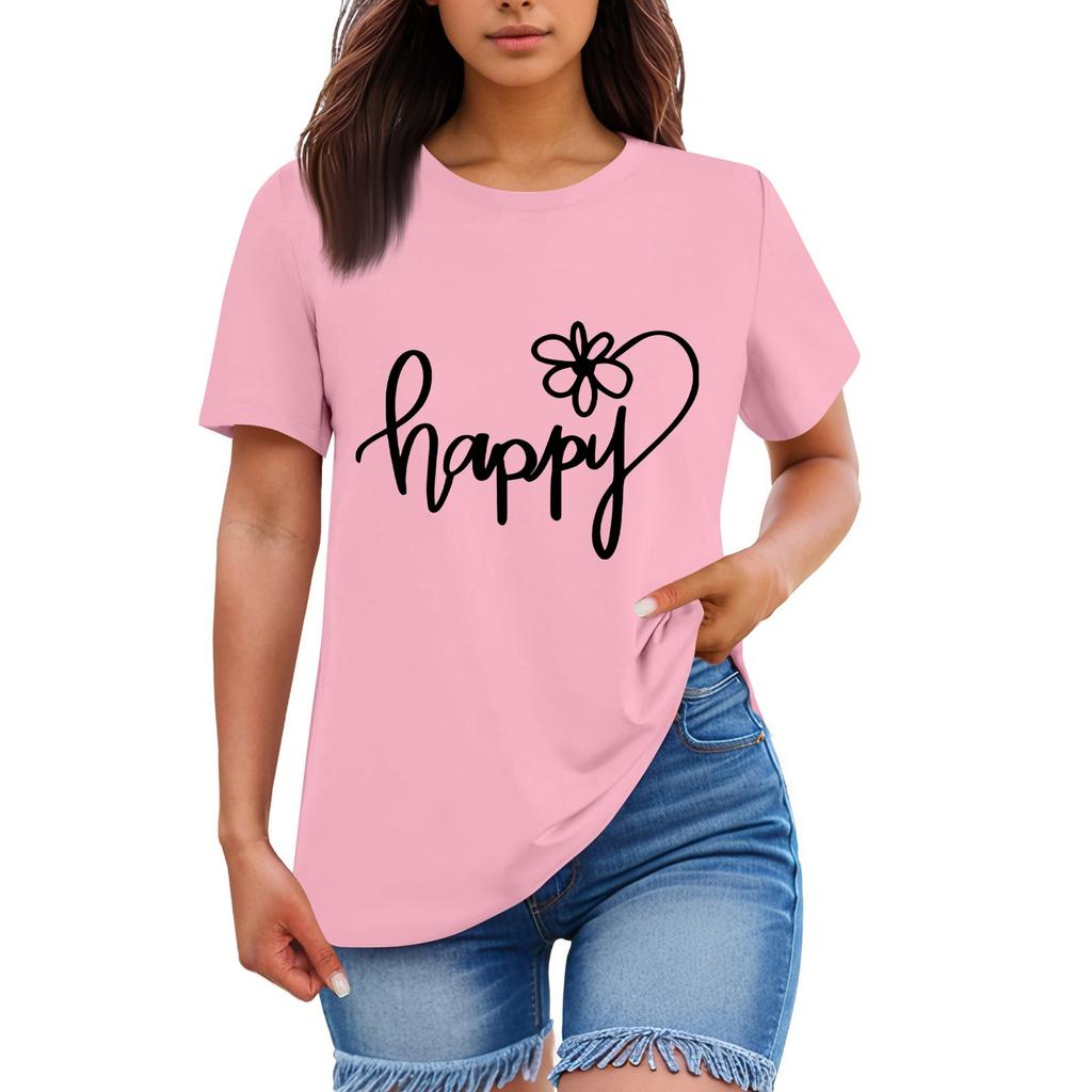 Ladies' Loose Comfortable Casual Fashionable “Happy”Character Printed Round Neck Short Sleeved Shirt