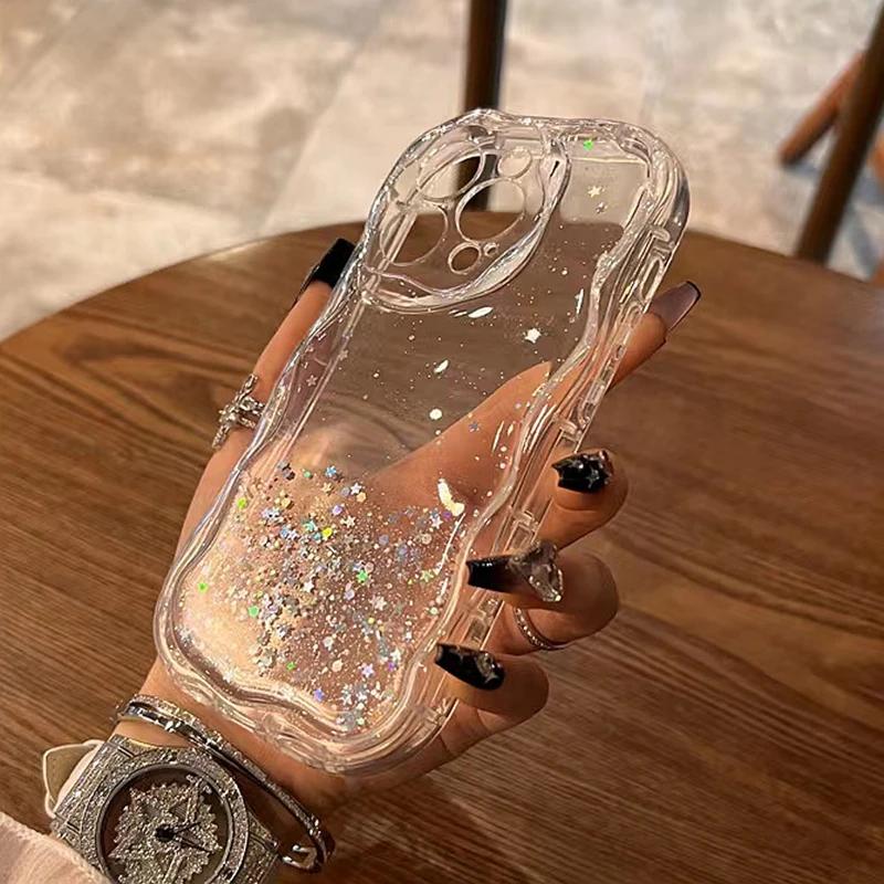 Glitter Wavy Lines Phone Case For Iphone 11 12 13 14 15 Pro Max XS Max X XR 7 8 Plus SE 2020 Bumper Transparent Cases Cover
