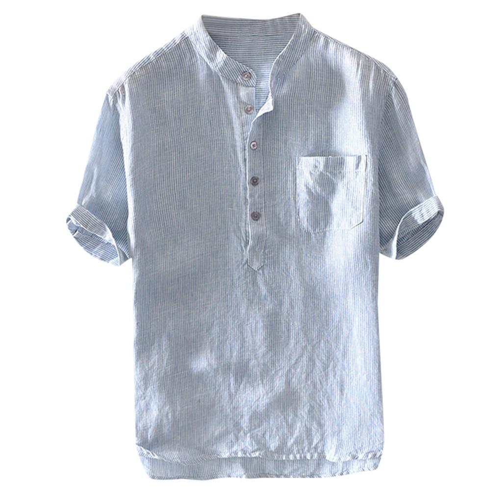 Men's Baggy Stripe Cotton Linen Short Sleeve Button Pocket T Shirts Tops Blouse