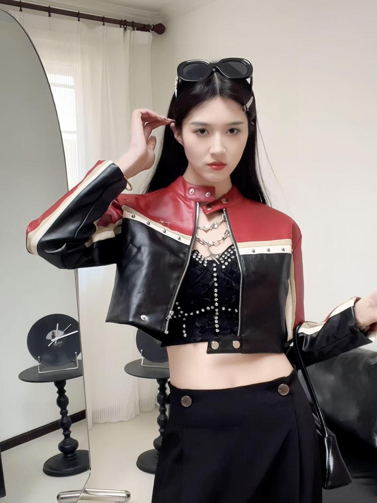 2026 Women’s Cropped Color Block PU Leather Jacket with Custom Patchwork and Stand Collar - Hot Girl Style