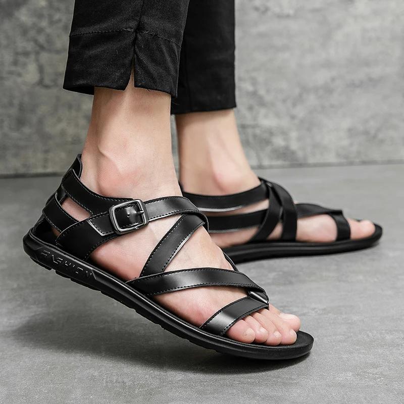 Hot sale Luxury Men’s Leather Sandals Summer Designer Roman Gladiator Sandals Man Black Flat Sandals For Men Beach Flip Flops