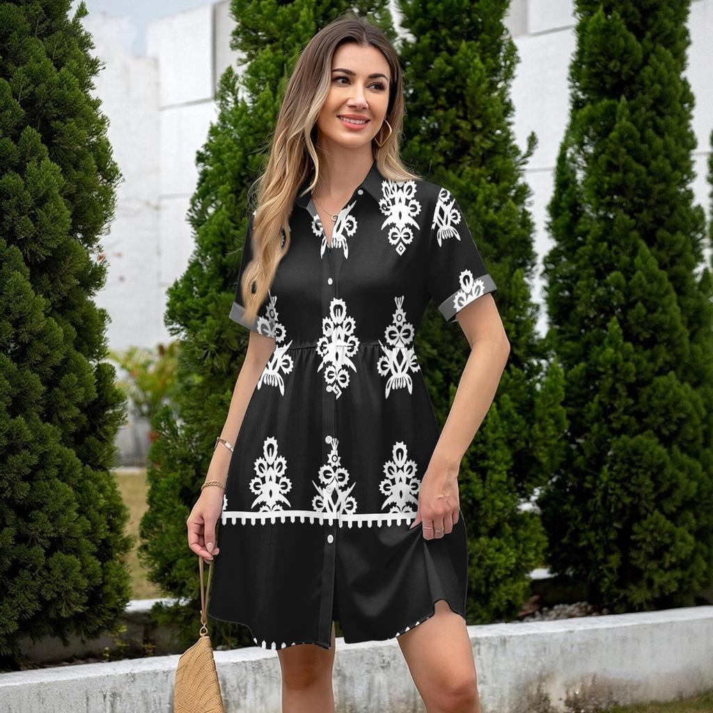 Women's Casual Loose Fit Shirt Dress Button Front Short Sleeve Collared Dress A-Line Hem Summer Dress