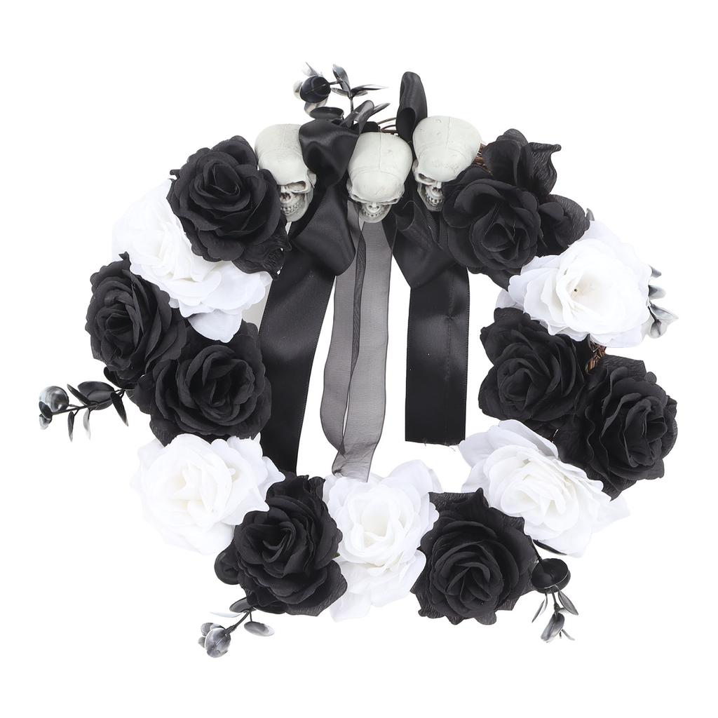 Halloween Kranz Totholz Plastikschädel Schwarz Weiße Blumen Deko Accessoire für Party Spukhaus