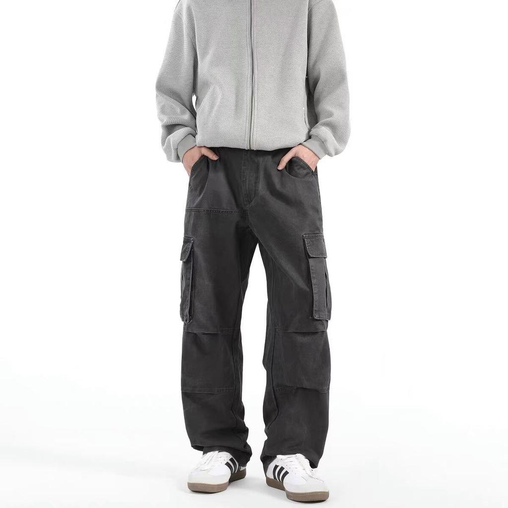 Men's Retro Punk Cargo Pants - Spring/Autumn 2025, Multi-Pocket, Heavyweight, Loose Fit, Straight Leg, Casual.