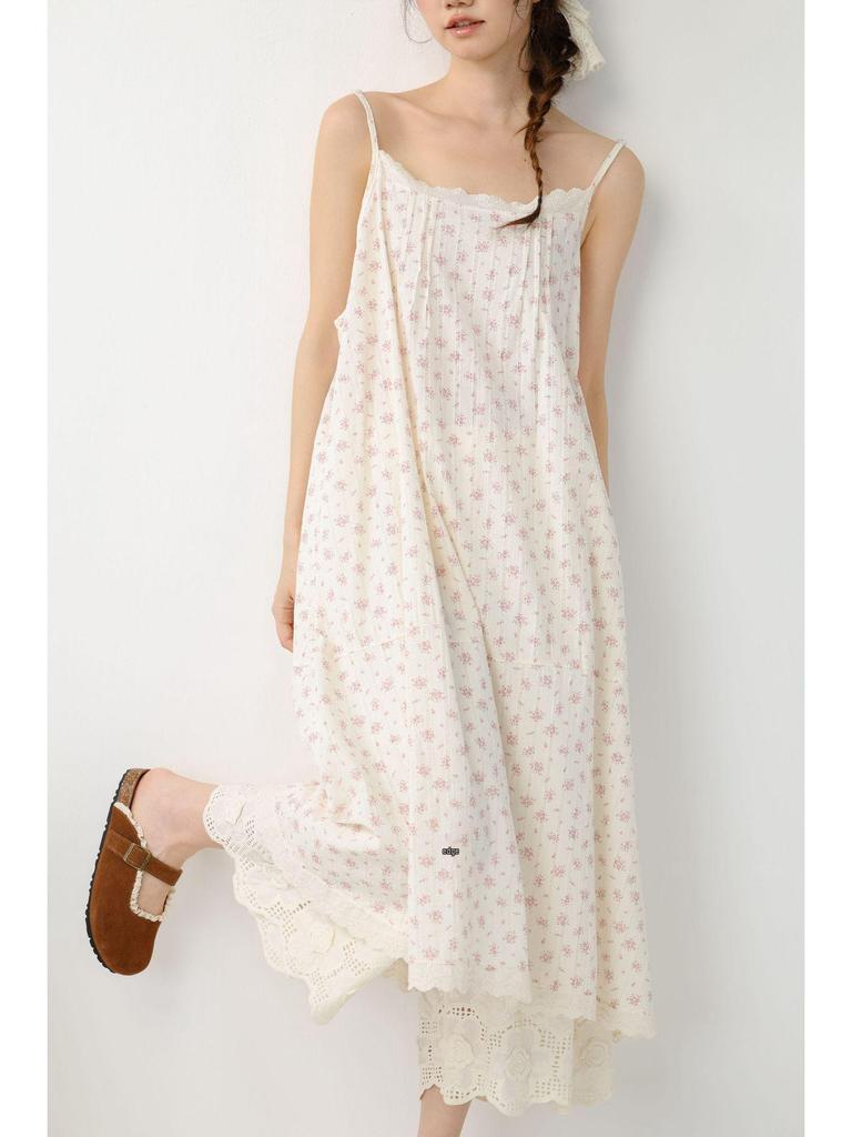 Spring/Summer 2026 Floral Print Spaghetti Strap Midi Dress - Sweet Mori Style with Lace Patchwork