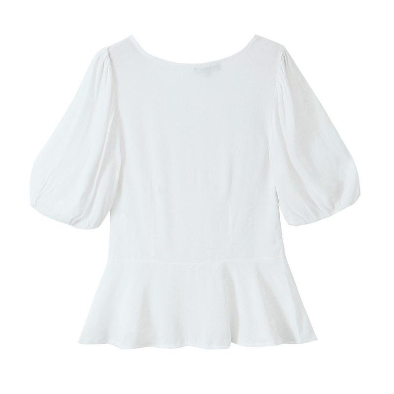 European & American Style Women's White V-Neck Buttoned Short Sleeve Bubble Top - Summer Fashion