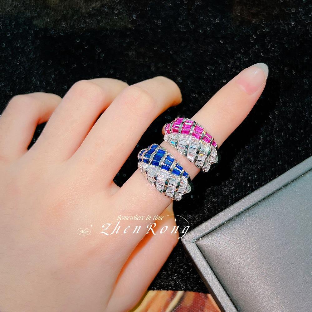 Luxury Open Ring Women High Carbon Diamond Red Ruby Blue Spinel Wedding Band Unique Design Fashion Jewelry