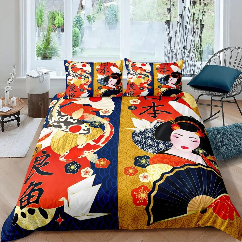 Japanese Style Duvet Cover Koi Fish Cherry Ukiyo-E Geisha Quilt Cover Sun Crane Polyester Japanese Culture Theme Bedroom Decor