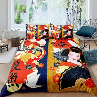 Japanese Style King Queen Duvet Cover Koi Fish Cherry Bedding Set Ukiyo-E Geisha Quilt Cover Sun Crane Polyester Comforter Cover