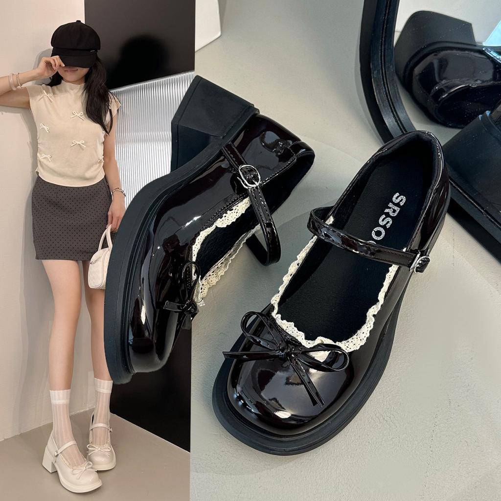 French retro Mary Jane small leather shoes for women's spring and autumn new light-mouth bow single shoes with skirts
