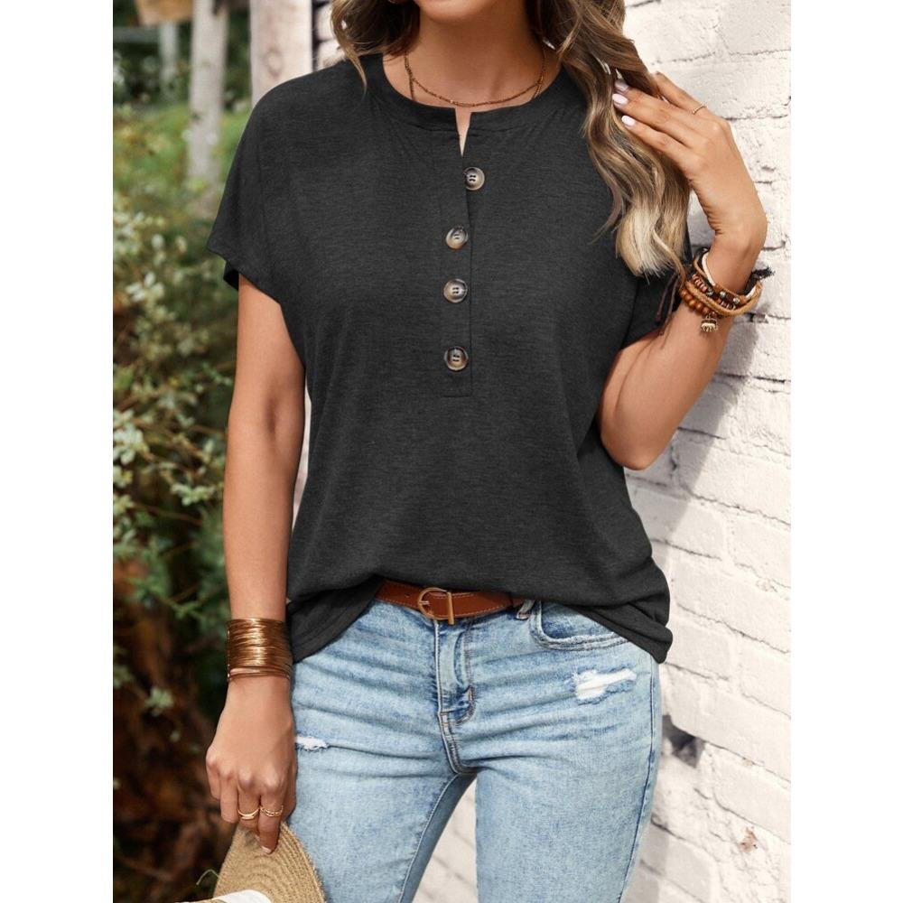 IHUASU Spring and Summer Women's Blouse Solid Color Twist Button Fashion Short-sleeved T-shirt Woman
