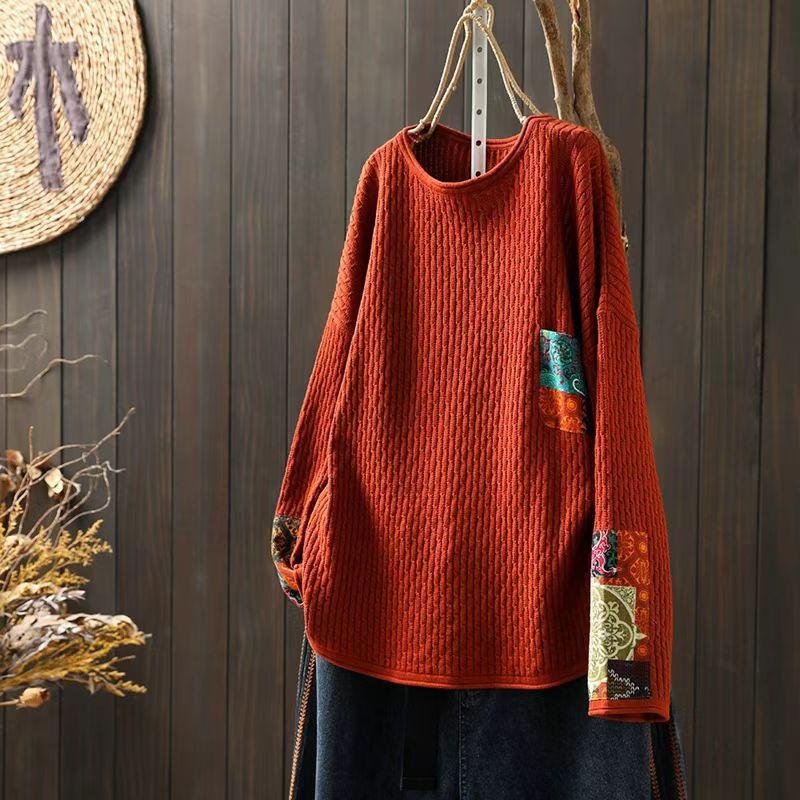 

Johnature Винтажный Стиль Нашивки O-образный вырез Повседневный Свободный Индивидуальный свитер Женский Зимний Длинные рукава Ретро-свитер One Size оранжевый